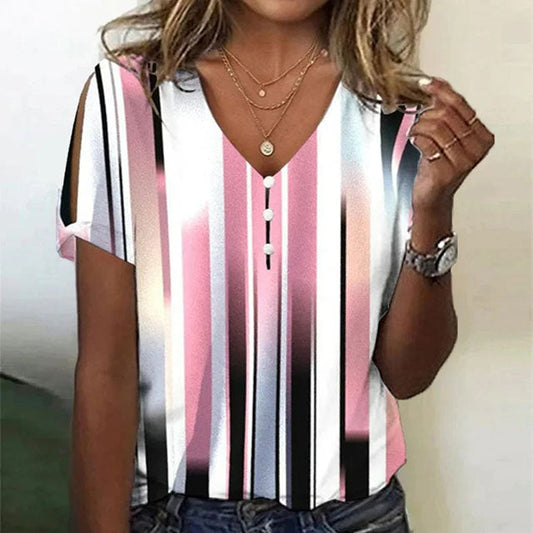 Lässige Damenbluse Mit V-Ausschnitt, Kurzarm, Gestreift, Baumwoll-Polyester-Mischung-1