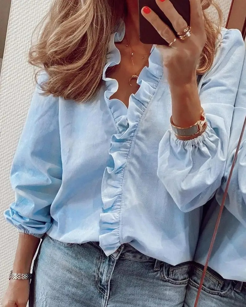 Elegante Damenbluse Mit V-Ausschnitt Und Rüschen - Vielseitige Baumwolloberteil Für Büro Und Freizeit-3