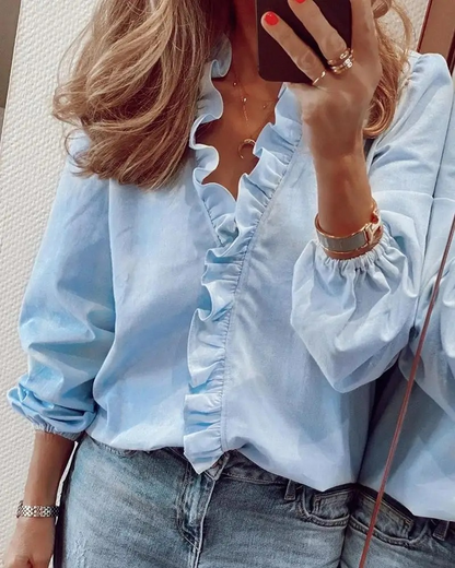 Elegante Damenbluse Mit V-Ausschnitt Und Rüschen - Vielseitige Baumwolloberteil Für Büro Und Freizeit-3