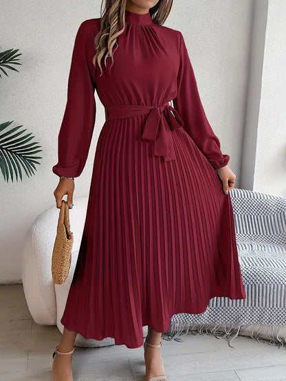 Women's Flattering Pleated Midi Dress with Belt
