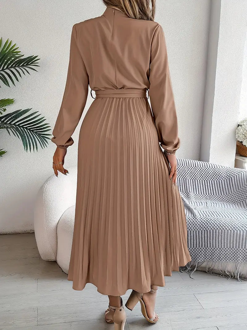 Women's Flattering Pleated Midi Dress with Belt