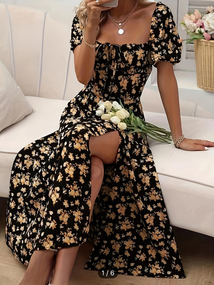 A-Linien Blumen-Sommerkleid mit Puffärmeln für Damen - Leichtes Festliches Kleid für Hochzeitsgäste