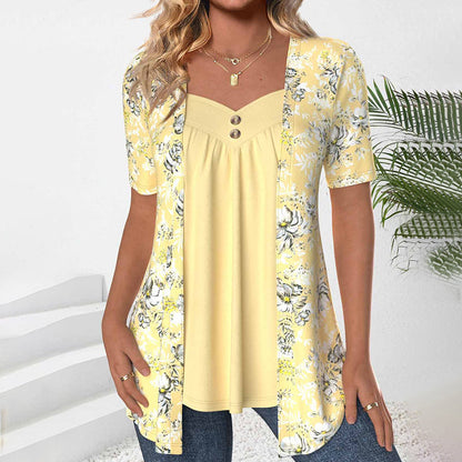 Elegante Damenbluse Mit V-Ausschnitt Und Kurzen Ärmeln Aus Baumwoll-Polyester-Mischung Im Blumenmuster Für Frühling Und Sommer-1