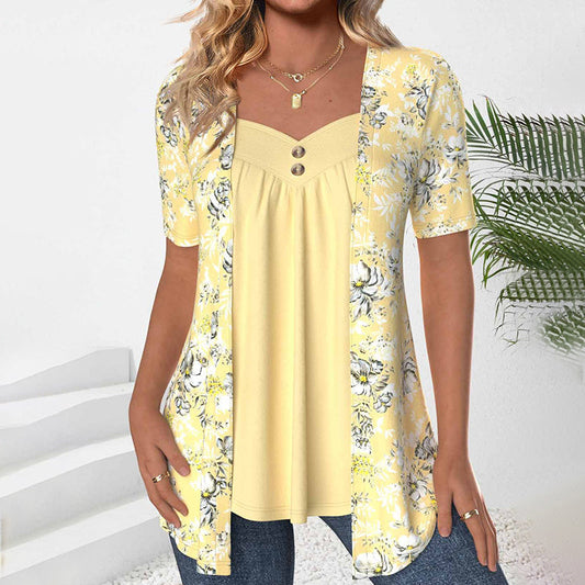 Elegante Damenbluse Mit V-Ausschnitt Und Kurzen Ärmeln Aus Baumwoll-Polyester-Mischung Im Blumenmuster Für Frühling Und Sommer-1