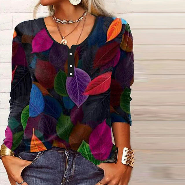 Bunte Blattdruck Damenbluse, V-Ausschnitt, Baumwoll-Polyester-Mischung, Ideal Für Alle Jahreszeiten, Trendige Blusen-3