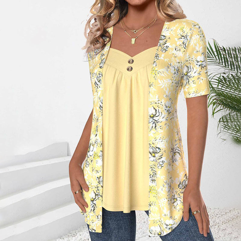 Elegante Damenbluse Mit V-Ausschnitt Und Kurzen Ärmeln Aus Baumwoll-Polyester-Mischung Im Blumenmuster Für Frühling Und Sommer-3
