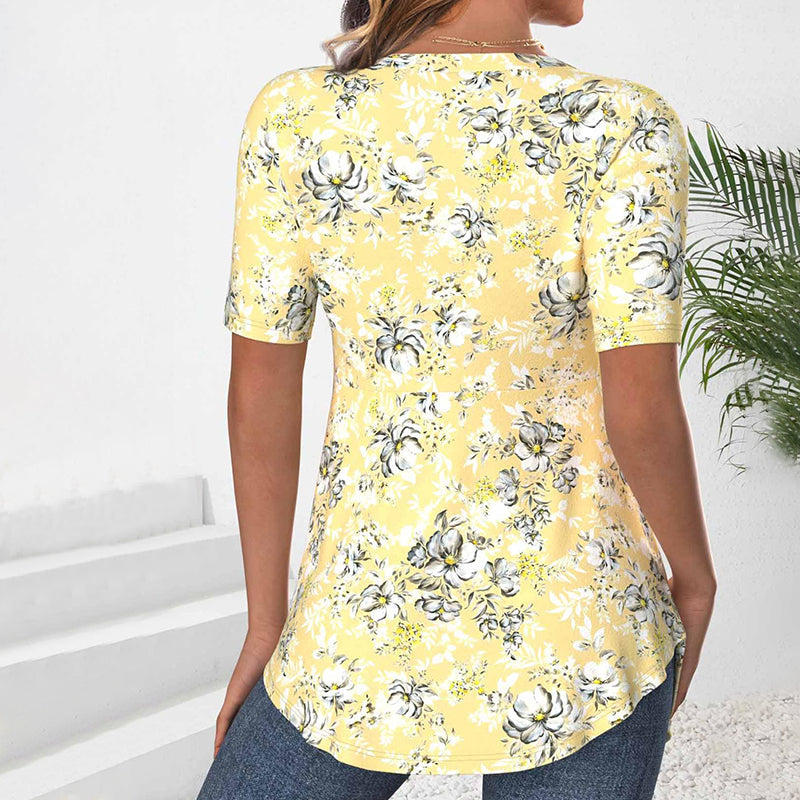 Elegante Damenbluse Mit V-Ausschnitt Und Kurzen Ärmeln Aus Baumwoll-Polyester-Mischung Im Blumenmuster Für Frühling Und Sommer-4