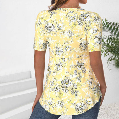 Elegante Damenbluse Mit V-Ausschnitt Und Kurzen Ärmeln Aus Baumwoll-Polyester-Mischung Im Blumenmuster Für Frühling Und Sommer-4