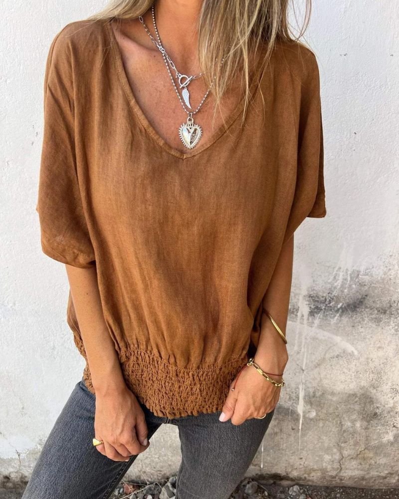 Entspanntes Damen Top aus Baumwoll-Leinen-Mischung, Fließende Bluse mit V-Ausschnitt für Lässige Sommerlooks-1