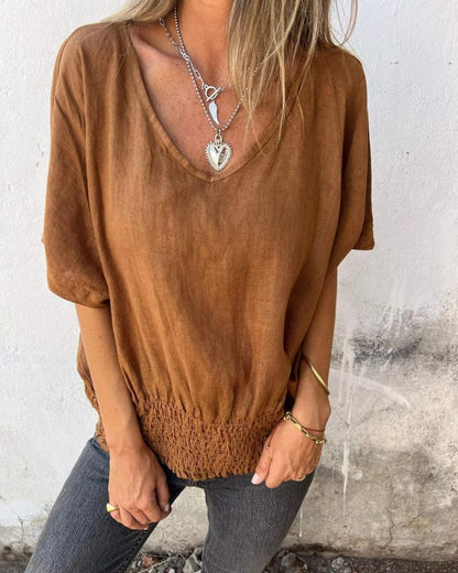 Entspanntes Damen Top aus Baumwoll-Leinen-Mischung, Fließende Bluse mit V-Ausschnitt für Lässige Sommerlooks-1