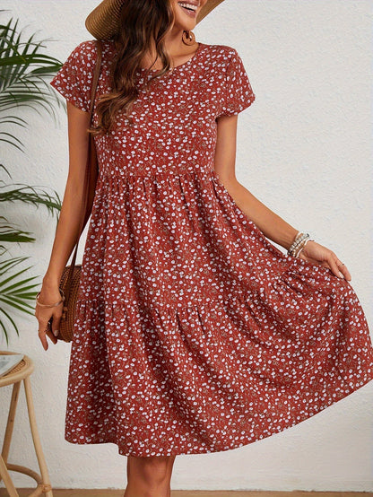 Vintage Blumenhochzeitsgast Kleid Mit Rundem Ausschnitt Und Kurzen Ärmeln - Festliche Kleider Für Damen
