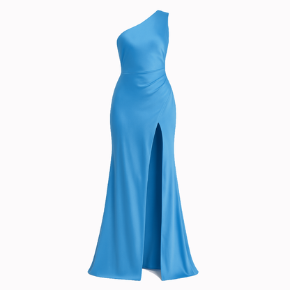 Elegantes Ein-Schulter Satin Maxikleid für Damen - Ärmelloses Hochgeschlitztes Partykleid