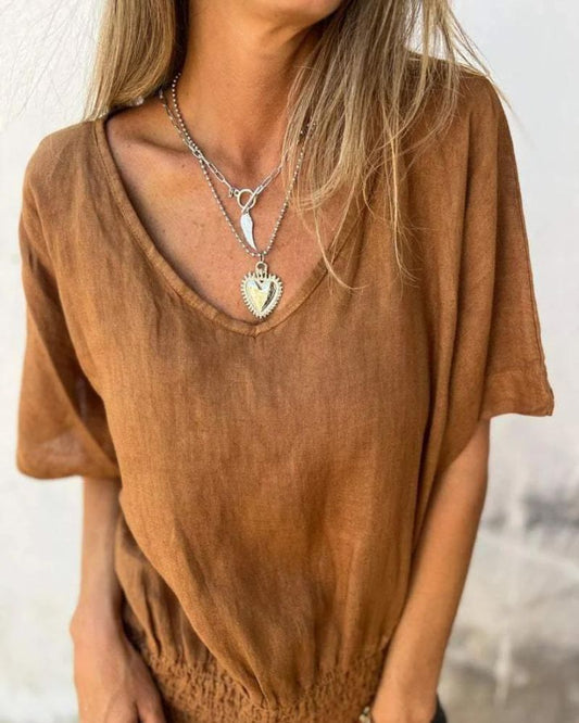 Entspanntes Damen Top aus Baumwoll-Leinen-Mischung, Fließende Bluse mit V-Ausschnitt für Lässige Sommerlooks-6