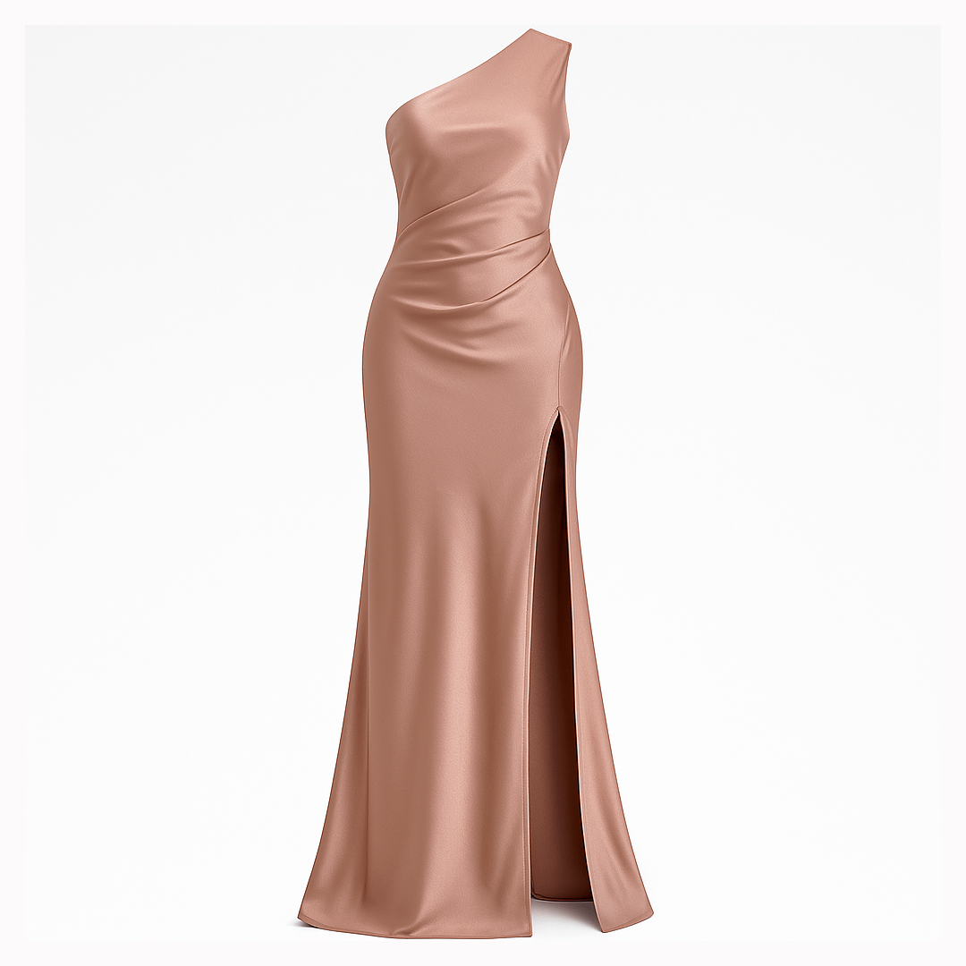 Elegantes Ein-Schulter Satin Maxikleid für Damen - Ärmelloses Hochgeschlitztes Partykleid