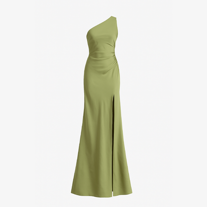 Elegantes Ein-Schulter Satin Maxikleid für Damen - Ärmelloses Hochgeschlitztes Partykleid