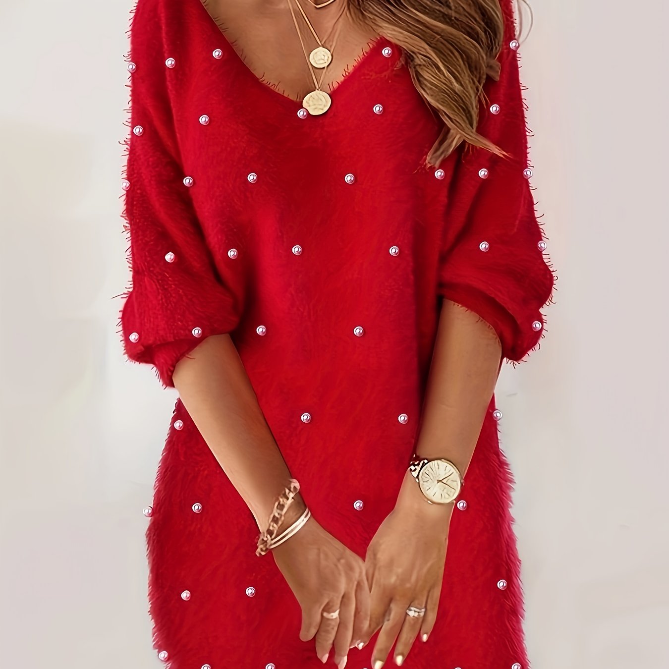 Women's Elegant V-Neck Pearl Detail Christmas Dress