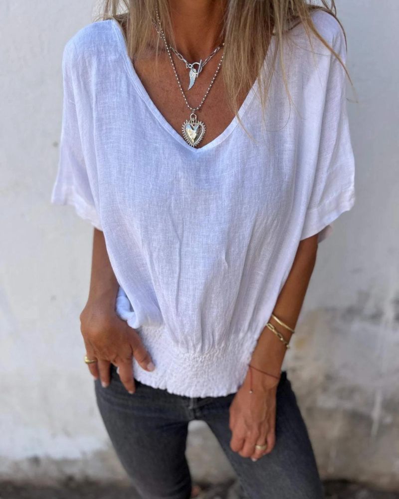 Entspanntes Damen Top aus Baumwoll-Leinen-Mischung, Fließende Bluse mit V-Ausschnitt für Lässige Sommerlooks-3