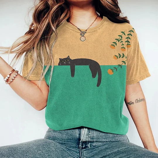 Vstylish Damen T-Shirt mit Zweifarbiger Katzengrafik aus Baumwolle für den Alltag – Lässige Oberteile Damen-4