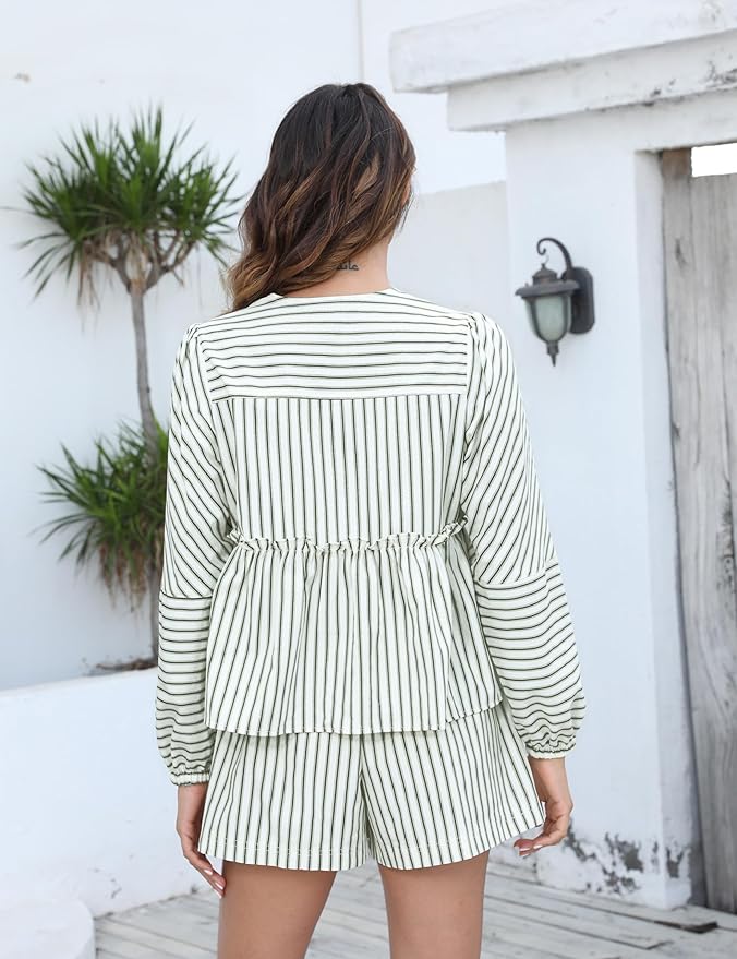 Damen Loungewear Set Mit Kariertem Design, Hohe Taillenshorts Und Langen Puffärmeln Für Den Sommer 4