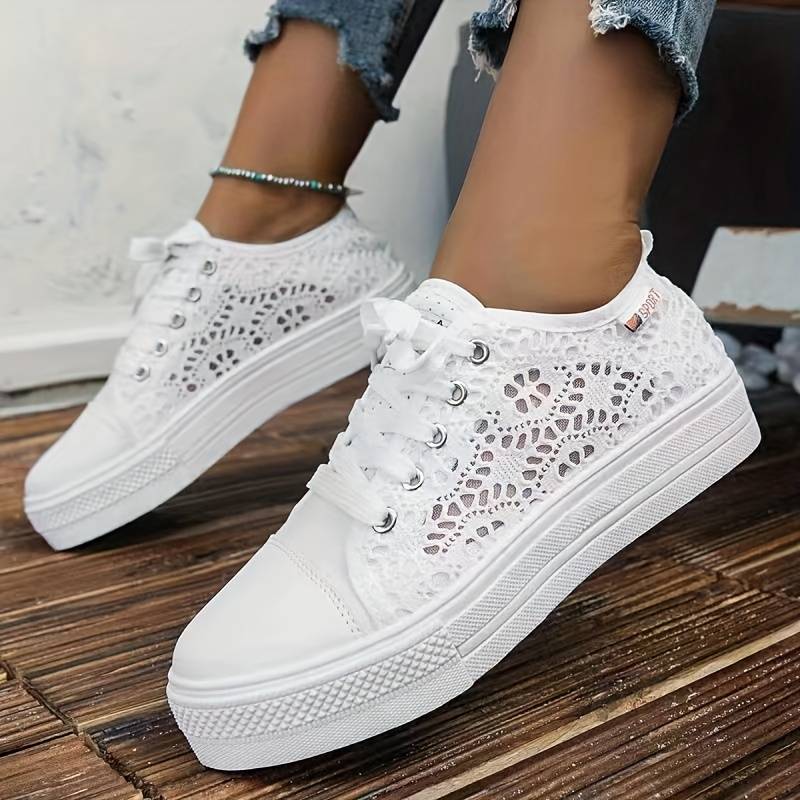 Spitzen-Sneaker Damen, Atmungsaktives und Komfortables Design, Elegantes Schwarz-Weiß Design-3