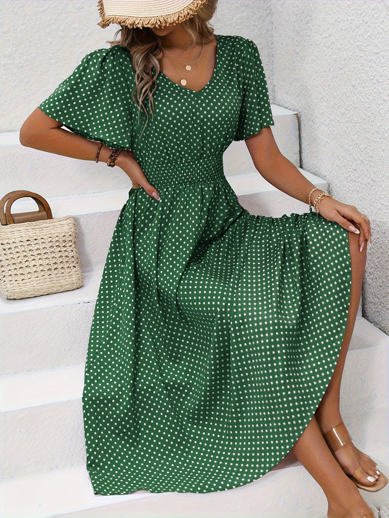 Feminines Sommerkleid Damen mit Gesammelter Taille, Leichtem Atmungsaktivem Stoff, Größen S-XXL, Ideal für Warme Tage