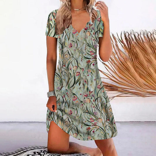 Blumendruckkleid Mit V-Ausschnitt Und Kurzen Ärmeln, Knielanges Damenkleid Für Frühling Und Sommer
