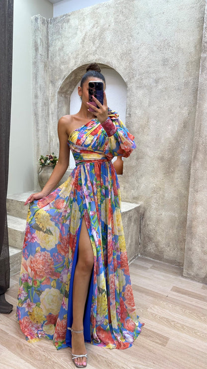 Ein-Schulter Blumenkleid für Damen, Elegantes Asymmetrisches Kleid für Hochzeitsgäste und Festliche Anlässe