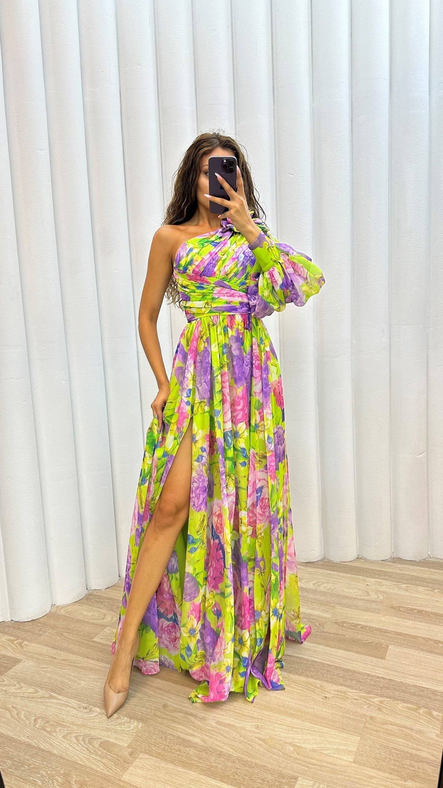 Variant image for Ein-Schulter Blumenkleid für Damen, Elegantes Asymmetrisches Kleid für Hochzeitsgäste und Festliche Anlässe-9