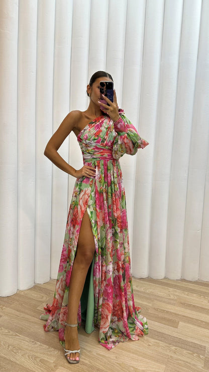 Variant image for Ein-Schulter Blumenkleid für Damen, Elegantes Asymmetrisches Kleid für Hochzeitsgäste und Festliche Anlässe-13