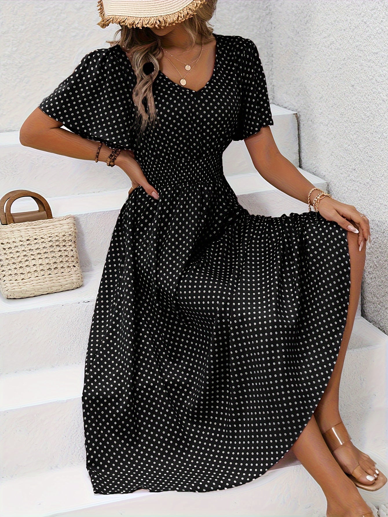 Feminines Sommerkleid Damen mit Gesammelter Taille, Leichtem Atmungsaktivem Stoff, Größen S-XXL, Ideal für Warme Tage