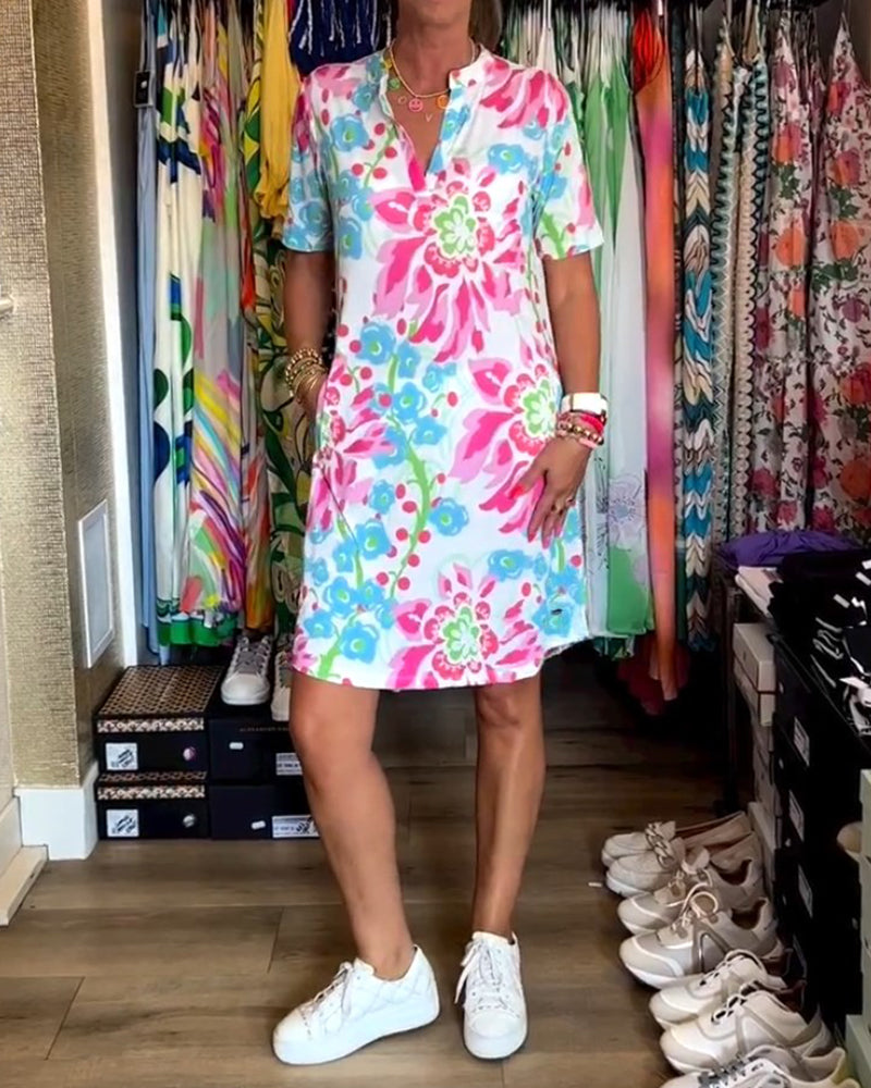 Blumen MIDI-Kleid Damen, Kurzarm V-Ausschnitt Sommerkleid aus weicher Baumwollmischung, lässig und urlaubsbereit