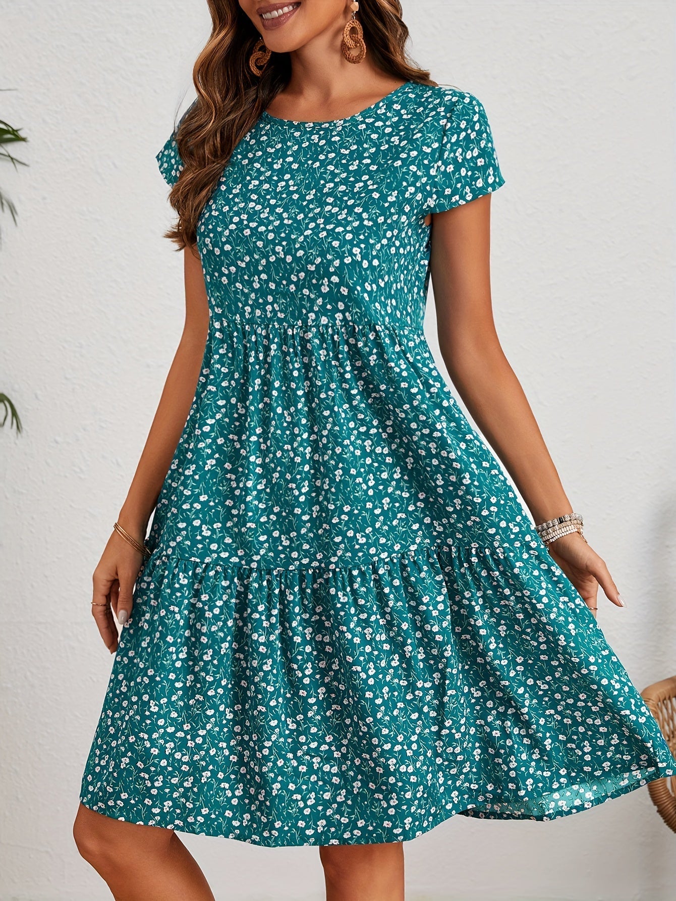 Vintage Blumenhochzeitsgast Kleid Mit Rundem Ausschnitt Und Kurzen Ärmeln - Festliche Kleider Für Damen