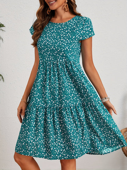 Vintage Blumenhochzeitsgast Kleid Mit Rundem Ausschnitt Und Kurzen Ärmeln - Festliche Kleider Für Damen