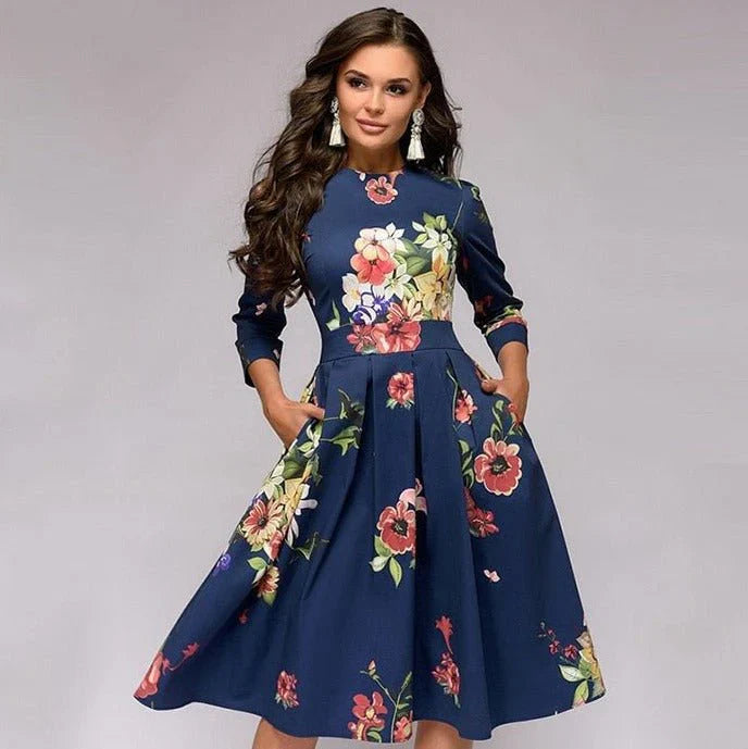 Blumendruck Midi Kleid mit Weitem Rock für Sommer und Festliche Anlässe – Elegantes Kleid für Damen und Hochzeitsgäste