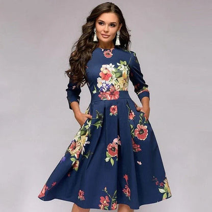 Blumendruck Midi Kleid mit Weitem Rock für Sommer und Festliche Anlässe – Elegantes Kleid für Damen und Hochzeitsgäste