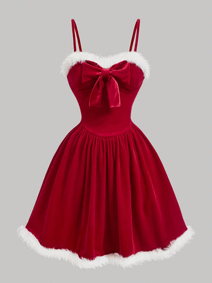 Elegant Red Christmas Midi Dress with Big Bow