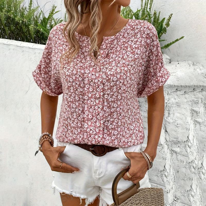 Vintage Blumenbluse für Damen, Kurzarm mit V-Ausschnitt aus Baumwoll-Polyester-Mischung, Damen Blusen für Frühling und Sommer-5