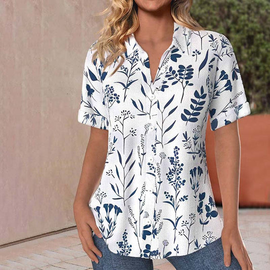 Lässige Damenbluse mit Blattdruck, Kurze Ärmel aus Baumwoll-Polyester-Mischung für Frühling und Sommer-1