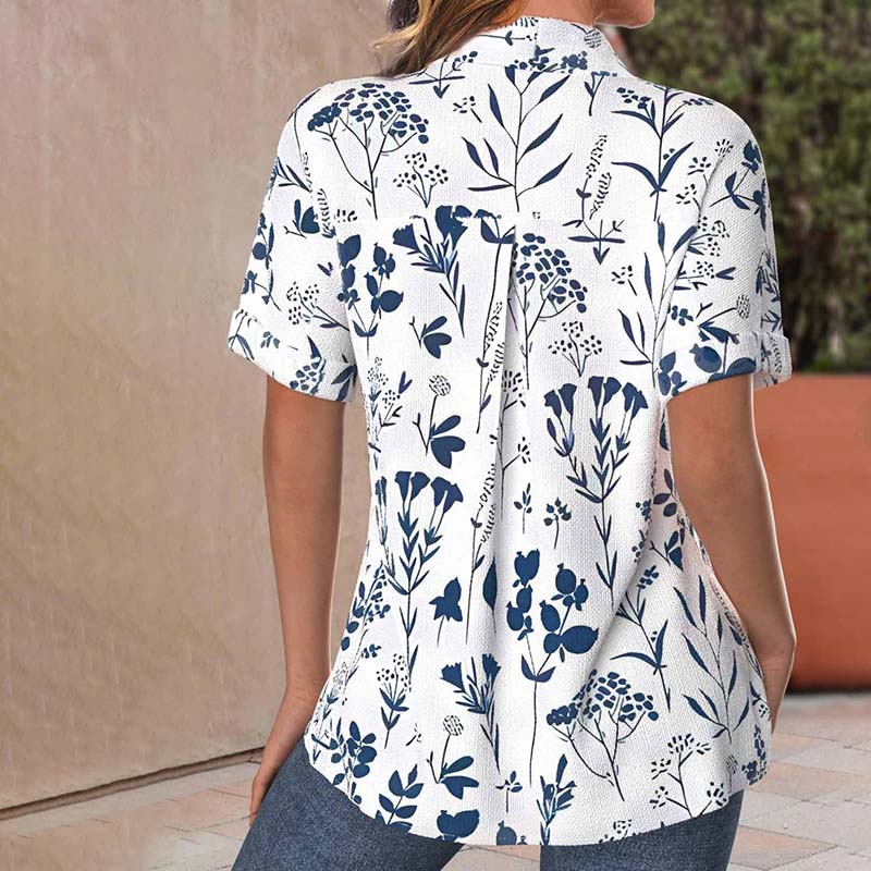 Lässige Damenbluse mit Blattdruck, Kurze Ärmel aus Baumwoll-Polyester-Mischung für Frühling und Sommer-3