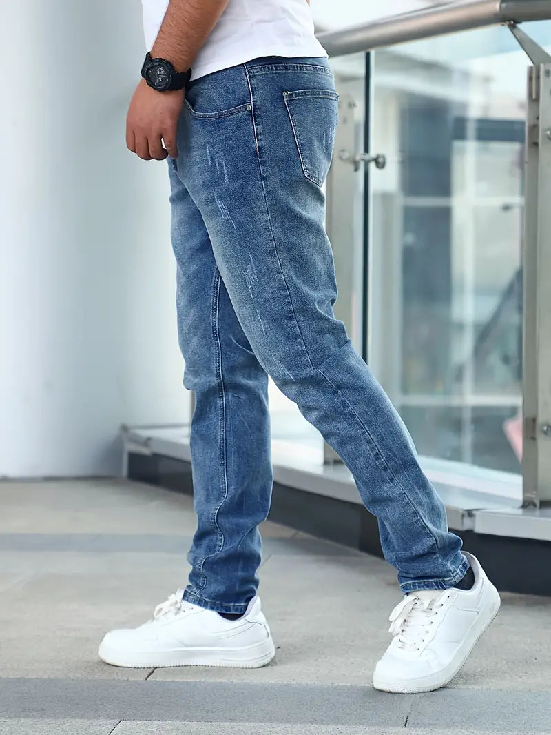 Herren Verblasste Jeans, Gerader Schnitt, Langlebige Baumwolle, Fünf-Pocket-Design-6