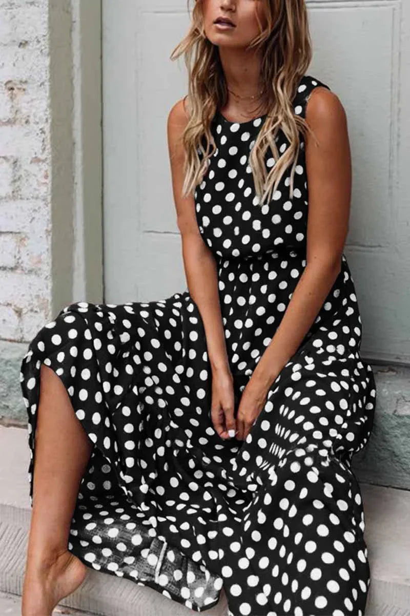 Women’s Polka Dot Maxi Dress Flowing Sleeveless Casual Look