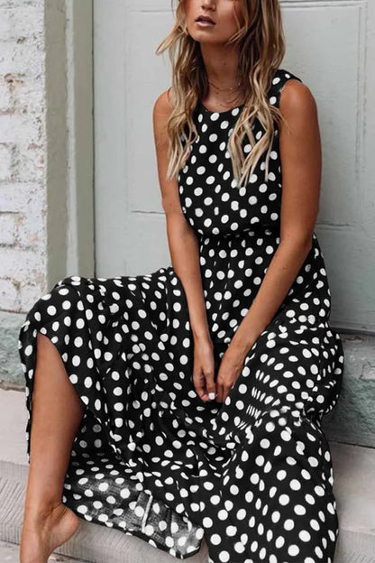 Women’s Polka Dot Maxi Dress Flowing Sleeveless Casual Look