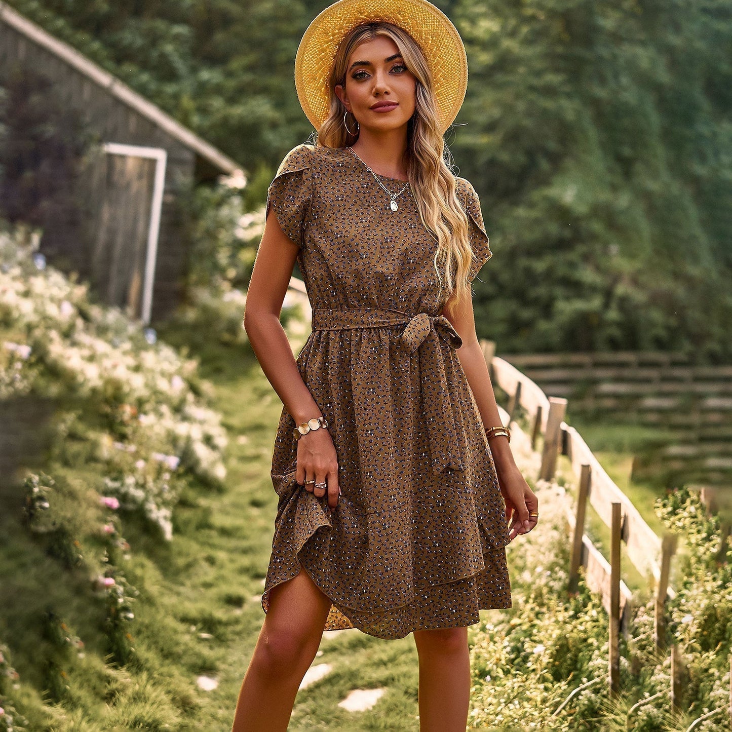 Variant image for Elegantes Damenkleid mit Blumendruck und Gürtel – Leichtes Kleid für Gartenpartys und Freizeitaktivitäten-13