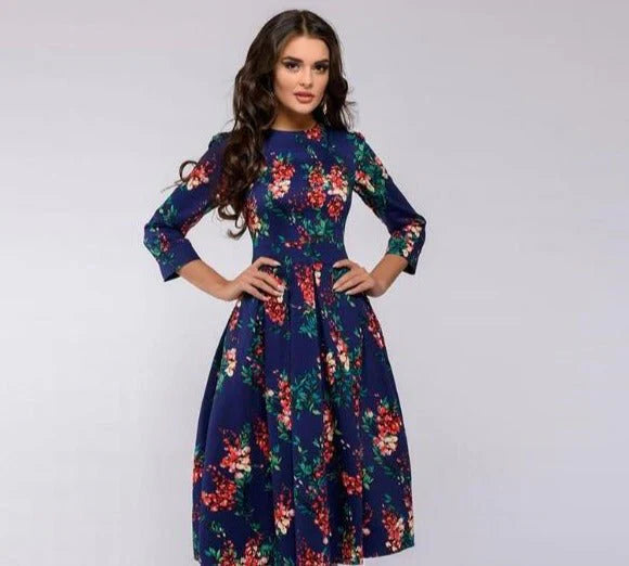 Variant image for Blumendruck Midi Kleid mit Weitem Rock für Sommer und Festliche Anlässe – Elegantes Kleid für Damen und Hochzeitsgäste-36