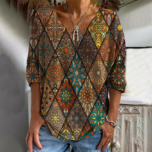 Geometrisches Druck Damen T-Shirt aus Baumwollpolyester mit V-Ausschnitt für Frühling, Sommer und Herbst – Oberteile Damen-1