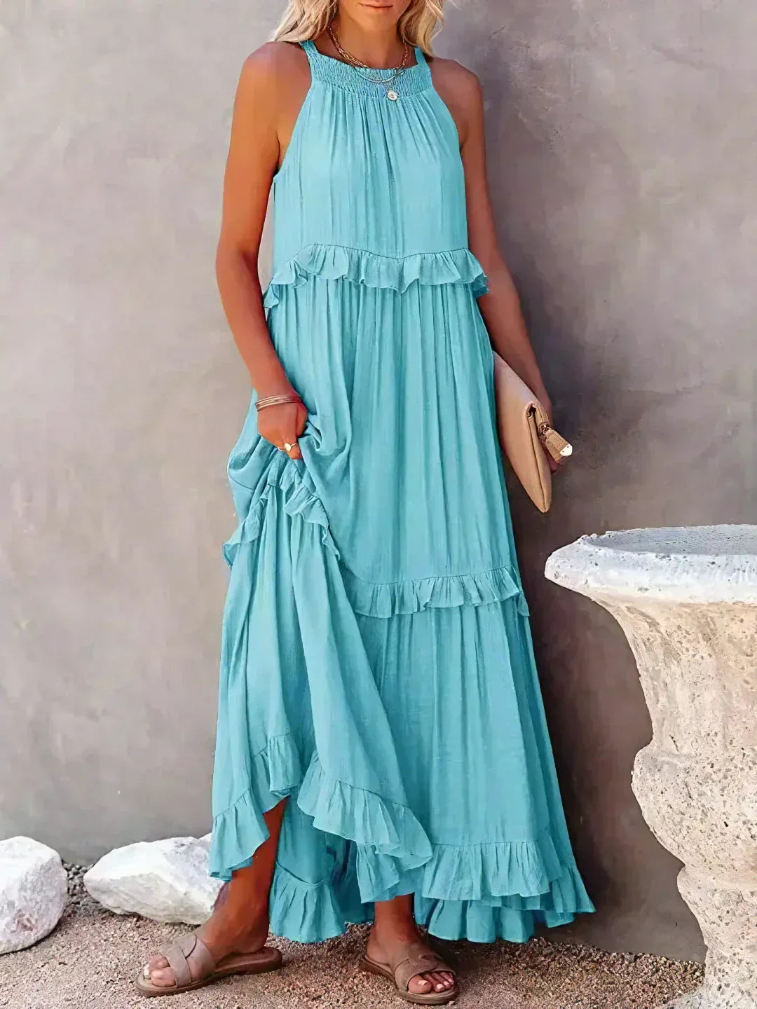 Variant image for Elegantes Rüschenblumen-Halfter-Maxikleid für Damen, Leichtes Boho Kleid Lang, Fließende Passform, Ideal für Sommer-25