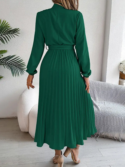 Women's Flattering Pleated Midi Dress with Belt