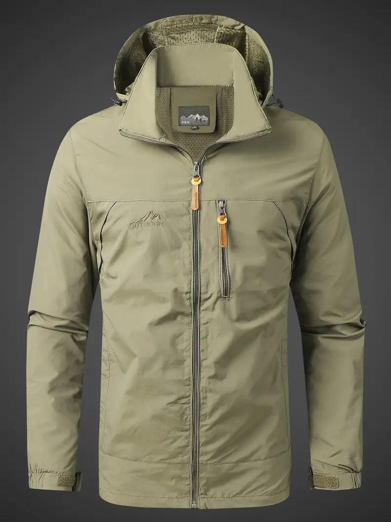 Men’s Water-Repellent Outdoor Hooded Rain Jacket with Zip Pockets