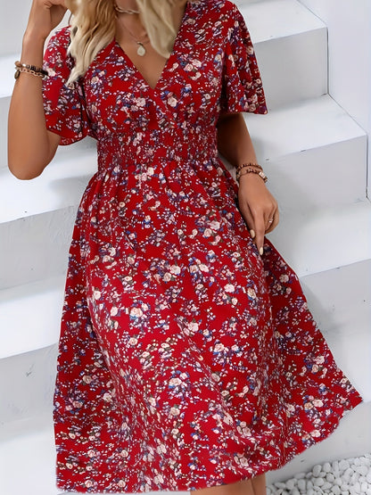 Feminines Boho-Damenkleid Mit V-Ausschnitt, Flatterärmeln, Leicht Und Atmungsaktiv, Ideal Für Den Sommer
