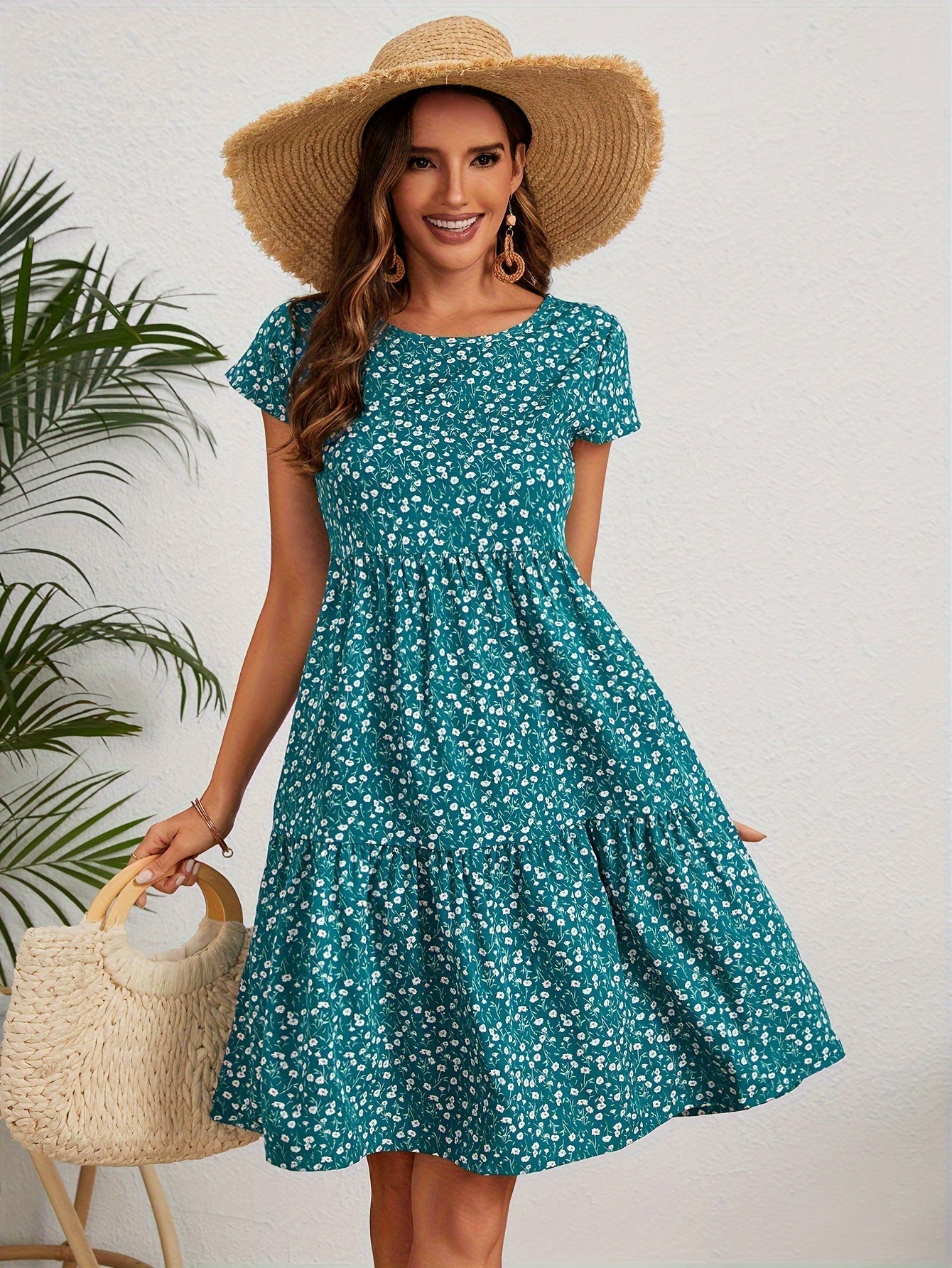 Vintage Blumenhochzeitsgast Kleid Mit Rundem Ausschnitt Und Kurzen Ärmeln - Festliche Kleider Für Damen
